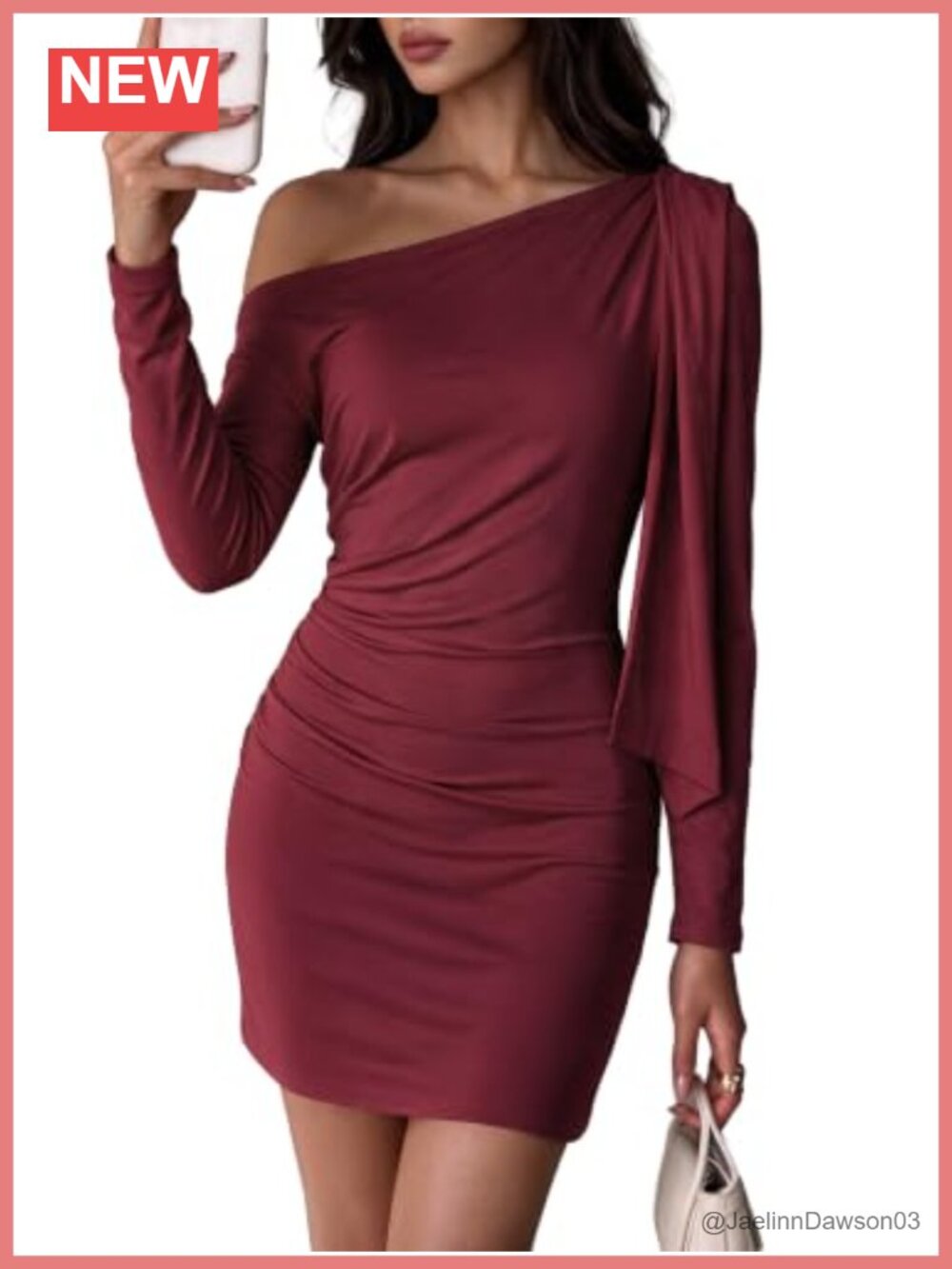 Asymmetrical One Shoulder Mini Dress Ruched Waist Long Sleeve Bodycon